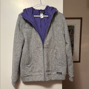 Patagonia Insulated Sweater- Gray with a purple lining.